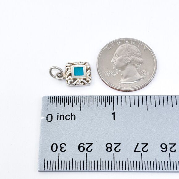 Vintage Sterling Silver 925 Turquoise Square Filigree Pendant - Picture 6 of 6
